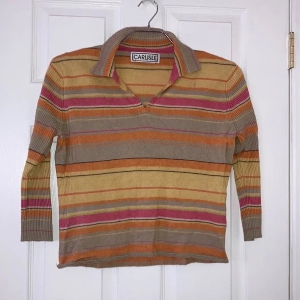 Vintage Carlisle Sweater Top Striped V Neck Collared Ribbed Medium - Picture 2 of 6
